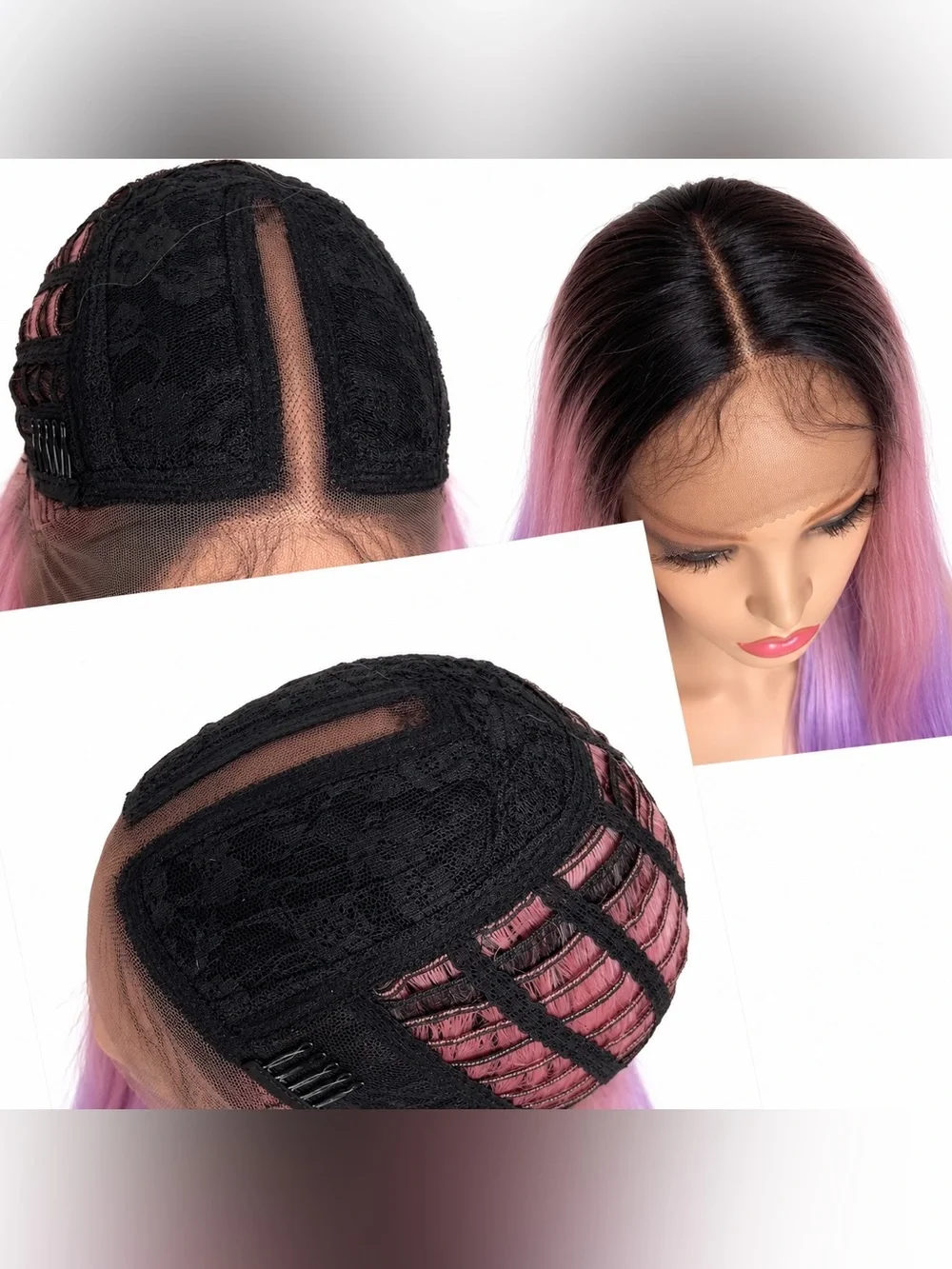 Long Ombre Pink to Purple Synthetic Lace Front Wig - middle part 26 inches long